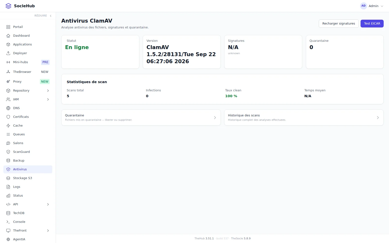 L’antivirus du Hub — ClamAV, un test EICAR et une quarantaine