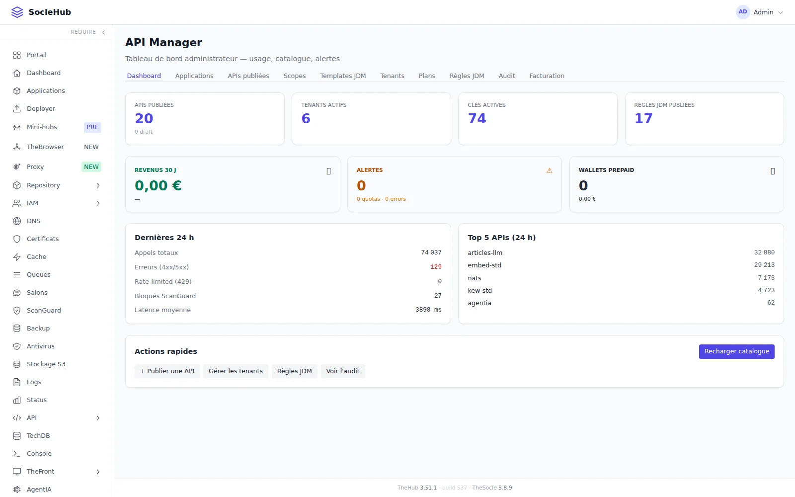 L’API Manager du Hub — clés, quotas, audit et tarification devant vos API