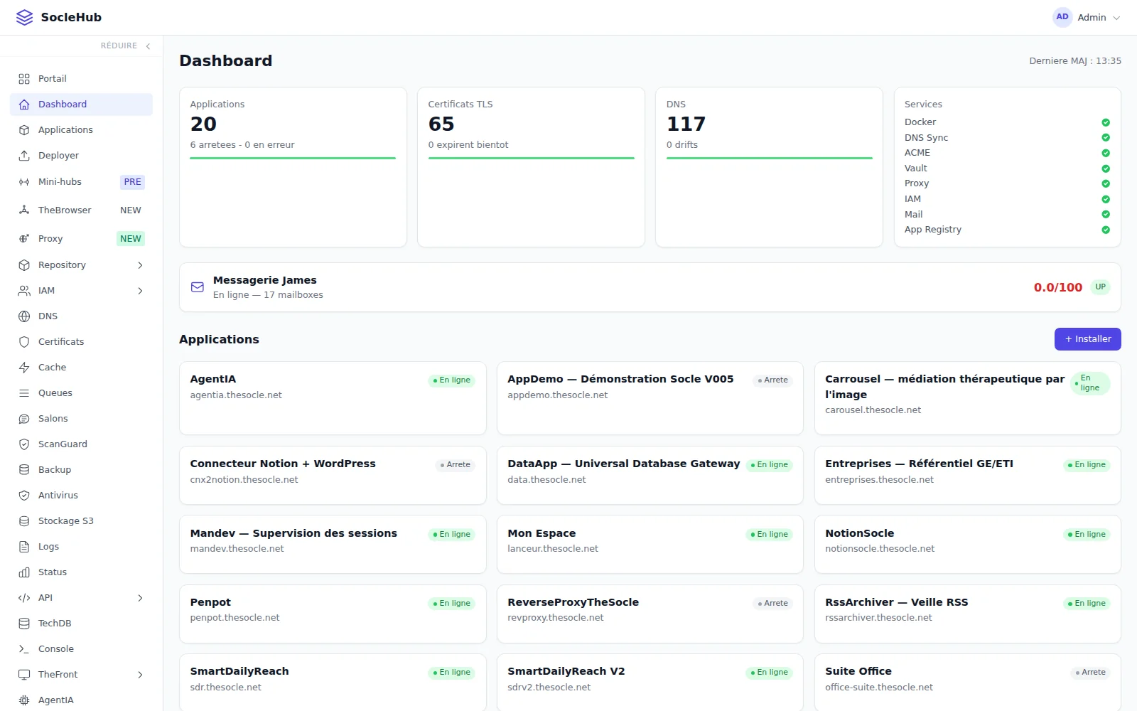 Le tableau de bord du Hub — applications, certificats, DNS et services sur un écran