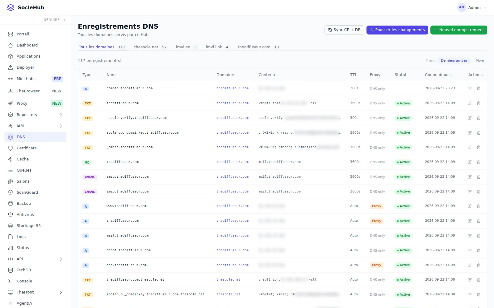 Domaines et DNS — les adresses de vos programmes, tenues par le Hub et synchronisées avec Cloudflare