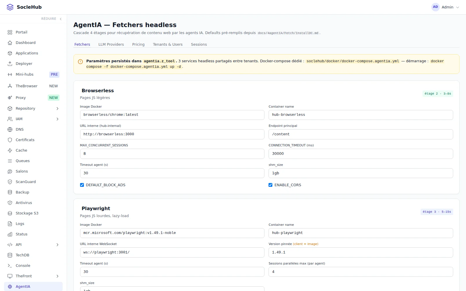L'onglet Fetchers de la page AgentIA dans la console du Hub thesocle.net : la cascade de récupération de pages web, avec les réglages de Browserless et de Playwright
